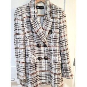 Zara Tweed Blazer Jacket XS Double Breasted Plaid Boucle Neutral Academa Cottage
